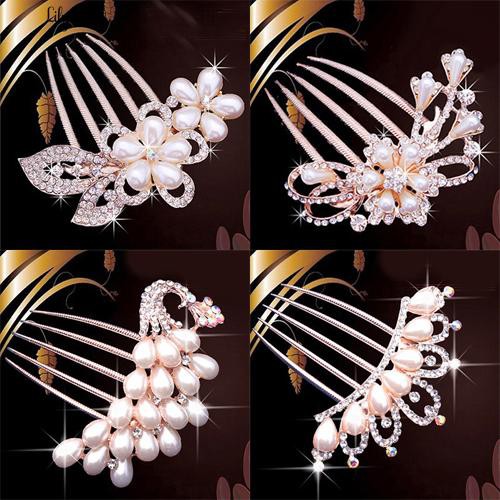 Wedding Bridal Rhinestone Faux Pearls Hairpin Flower Peacock Comb