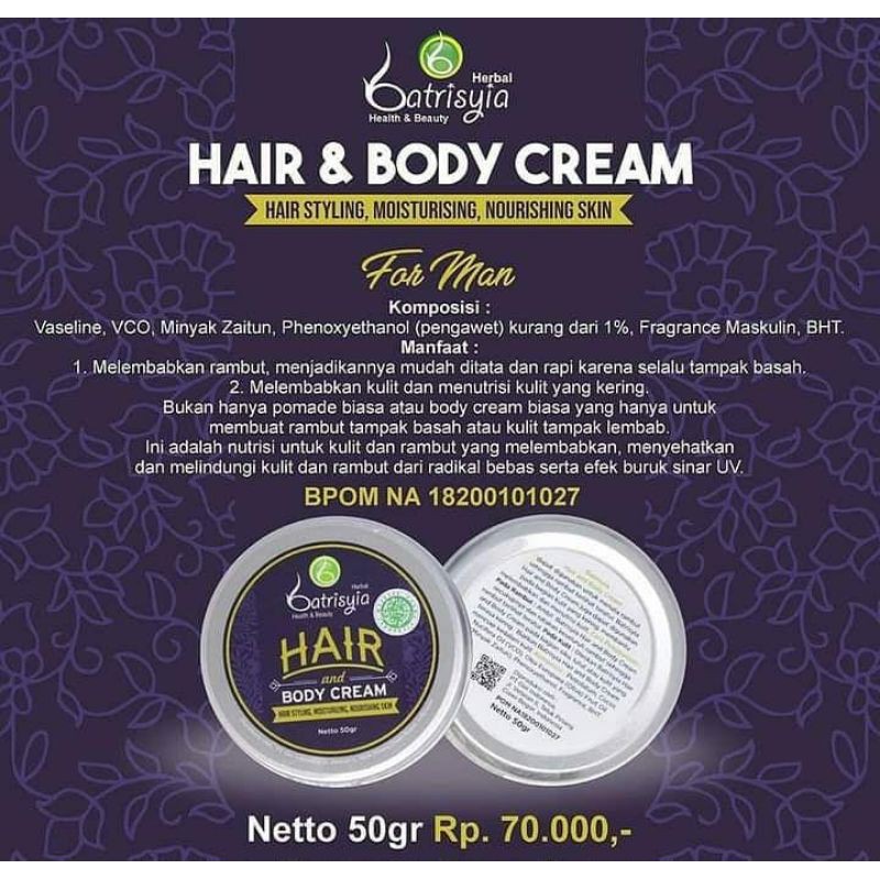 HAIR AND BODY CREAM BATRISYIA/POMADE PRIA/HAIR STYLING PRIA/REKOMENDED