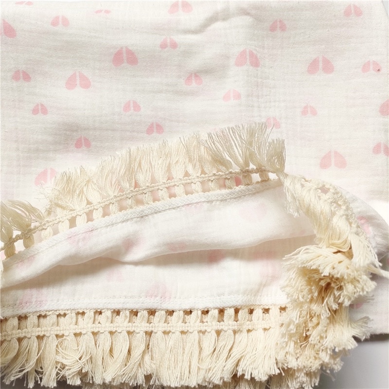 Printed fringe muslin blanket / selimut bayi rumbai / selimut muslin