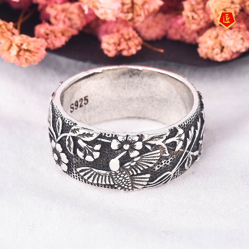 [Ready Stock]Vintage Neutral Silver Black Flower Bird Ring