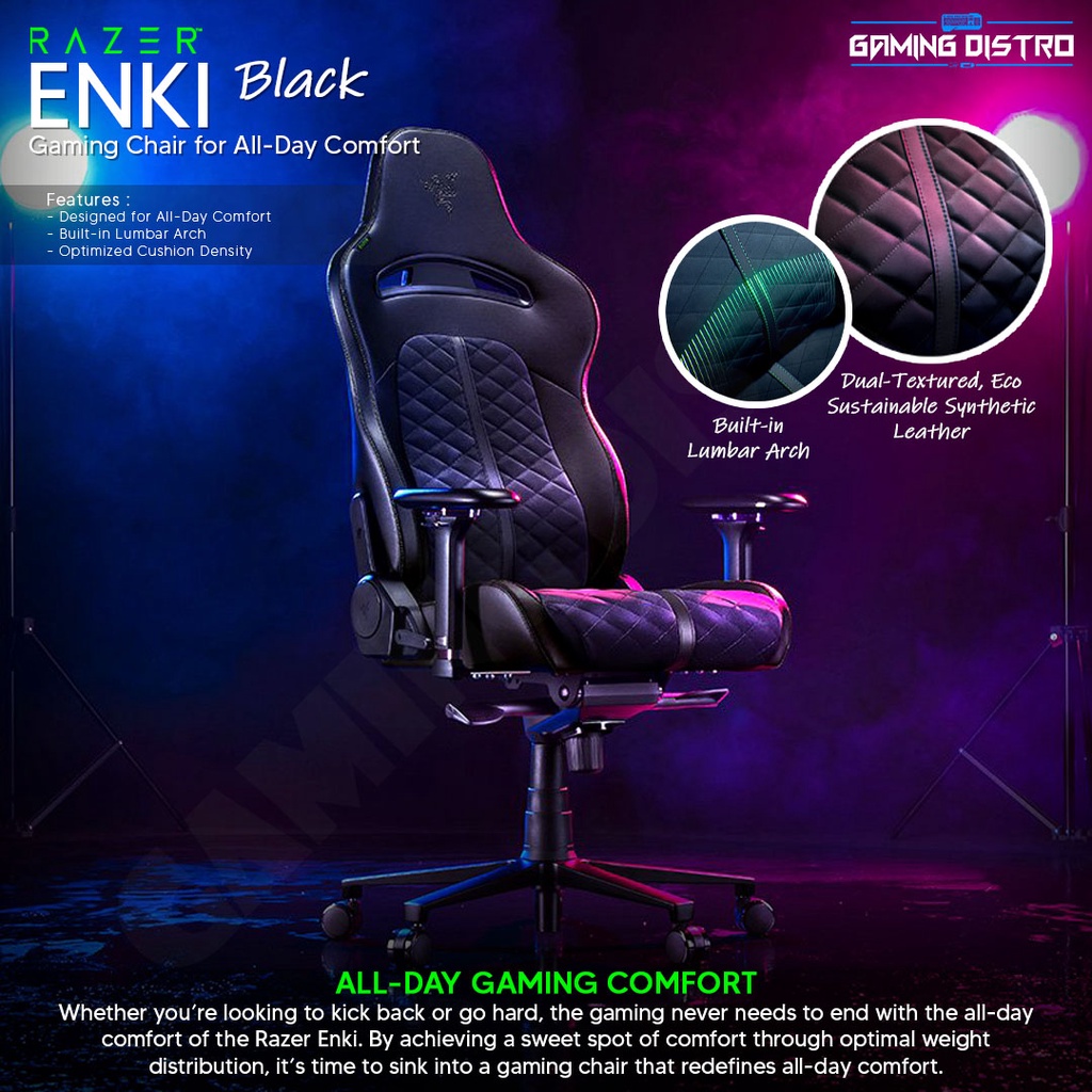 Razer Enki X BLACK/GREEN Gaming Chair - Kursi Gaming Berkelas dengan Dukungan Ergonomis