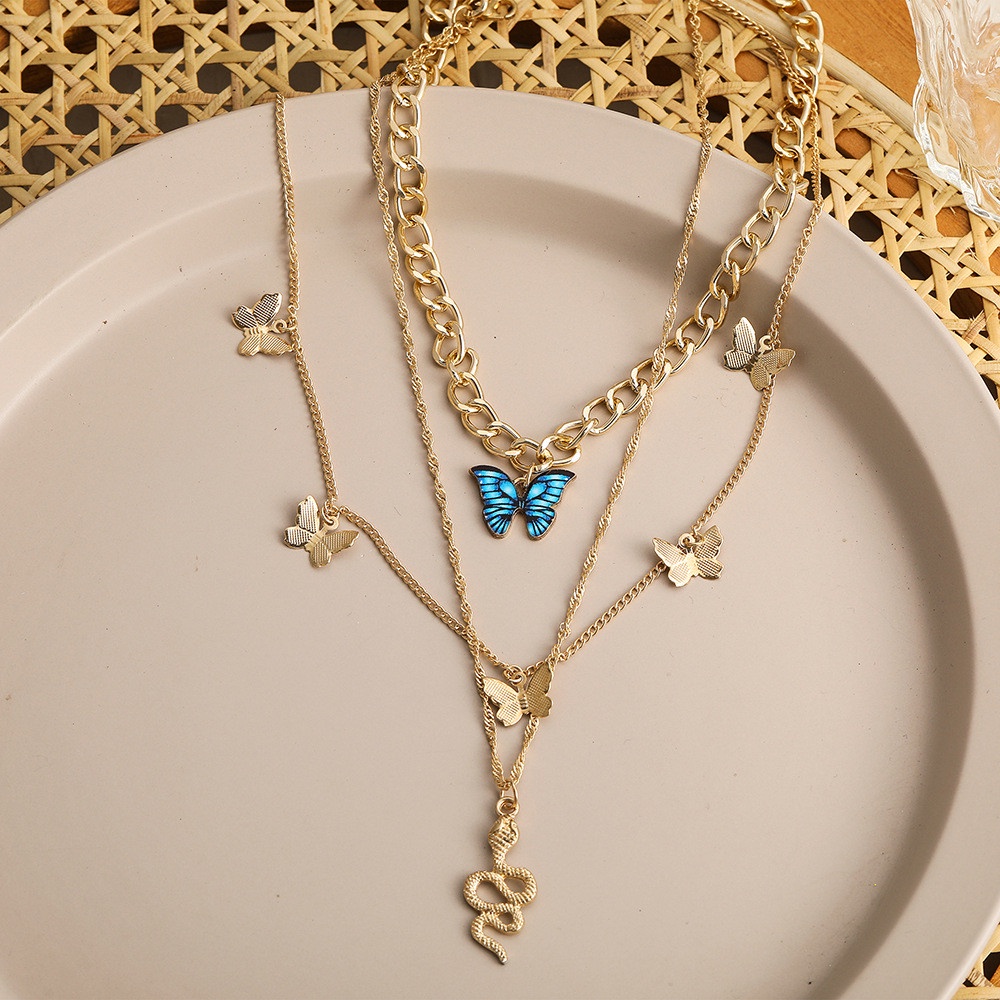 【COD Tangding】3 Pcs / set Kalung Multilayer Panjang Bentuk Ular Butterfly Warna Biru Emas Gaya Retro Eropa Amerika