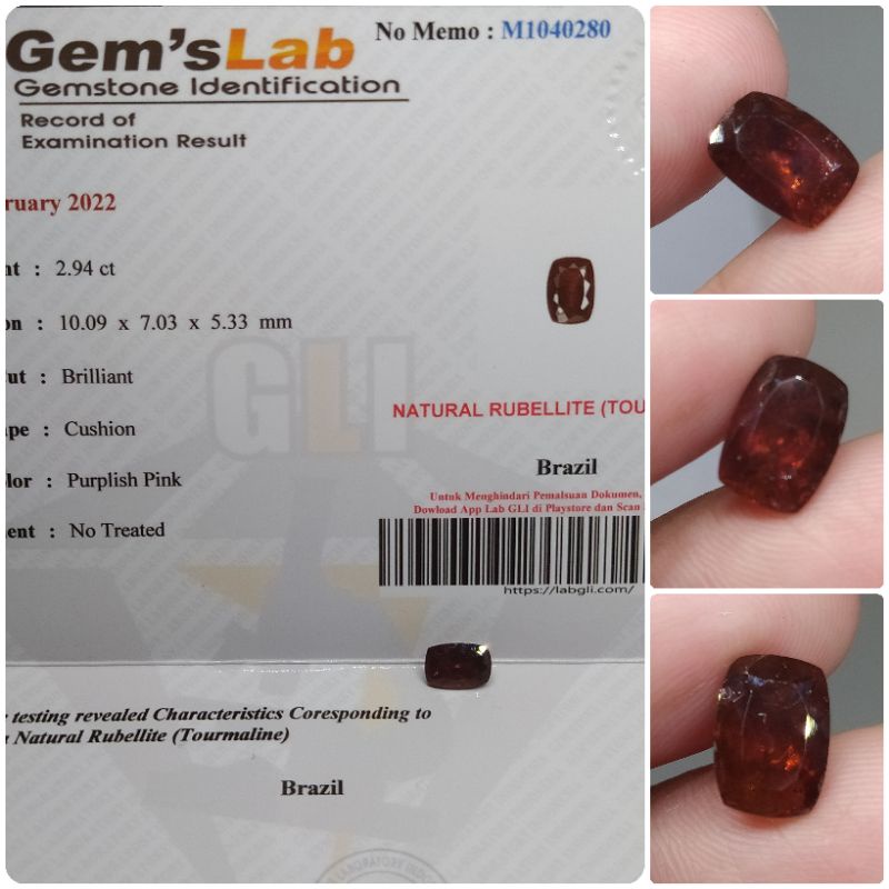 Natural Rubellite Tourmaline Top Luster 2,9 ct NTE/NTD memo Sertifikat GLI