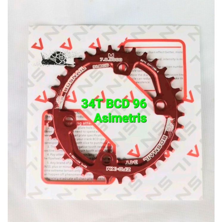Snail Chainring 34T BCD 96 Asimetris Narrow Wide Chain ring Crank arm Sepeda Merah