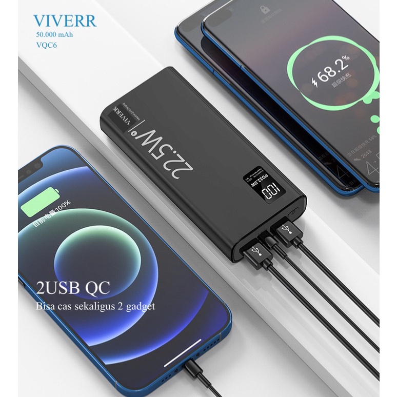 Powerbank QUICK CHARGING 22.5 W VIVERR kapasitas 50.000 mAh type VQC6 REAL kapasitas orginal garansi 1 Tahun.