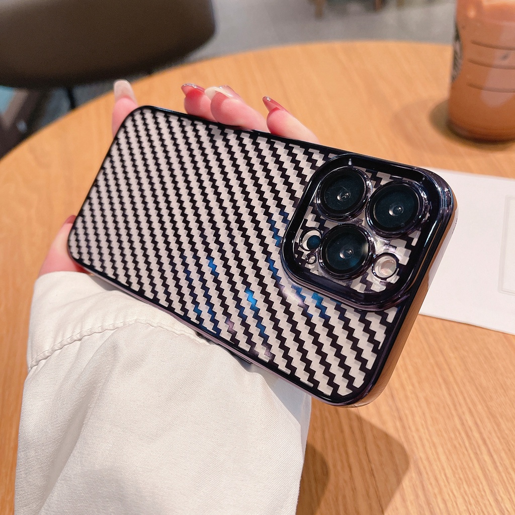 Soft Case Motif Carbon Fiber Dengan film Lensa shockproof Untuk iPhone 13 Pro MAX 11 Pro MAX 12 Pro MAX