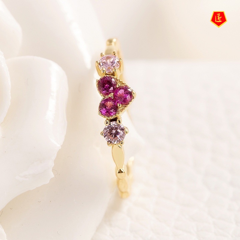 [Ready Stock]14K Gold Inlaid Colored Gems Heart-Shaped Ring Female Simple Fashion