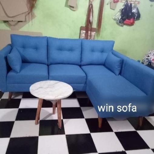 Sofa L Putus Tangan Minimalis Mungil + Meja Bulat Adikkakakmercyandha