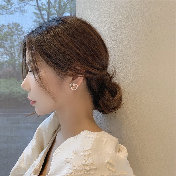 Korean double love pearl earrings For women temperament elegant simple design S925 silver needle Fashion Earrings