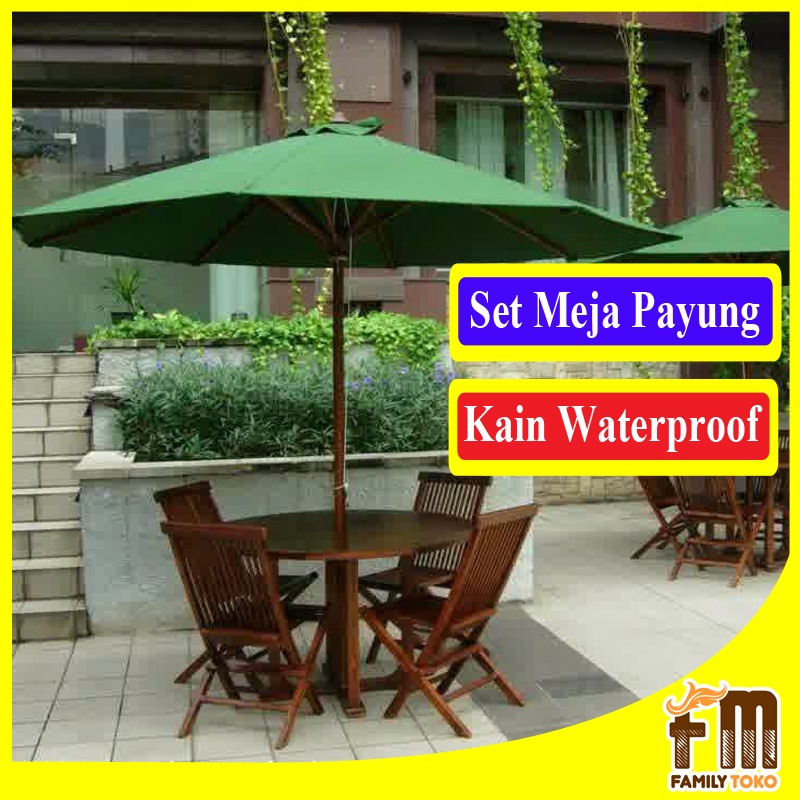 Set Payung Taman Outdoor Sepaket Kursi Tenda Meja Payung Cafe dan Hotel Kayu Jati dengan Kain Waterp