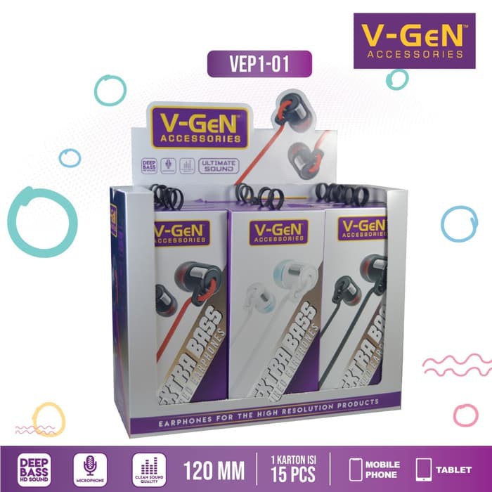 Earphone V-GeN VEP1-01 VEP1-02 Wired Headset Handsfree VGEN 1 Box @ 15pcs