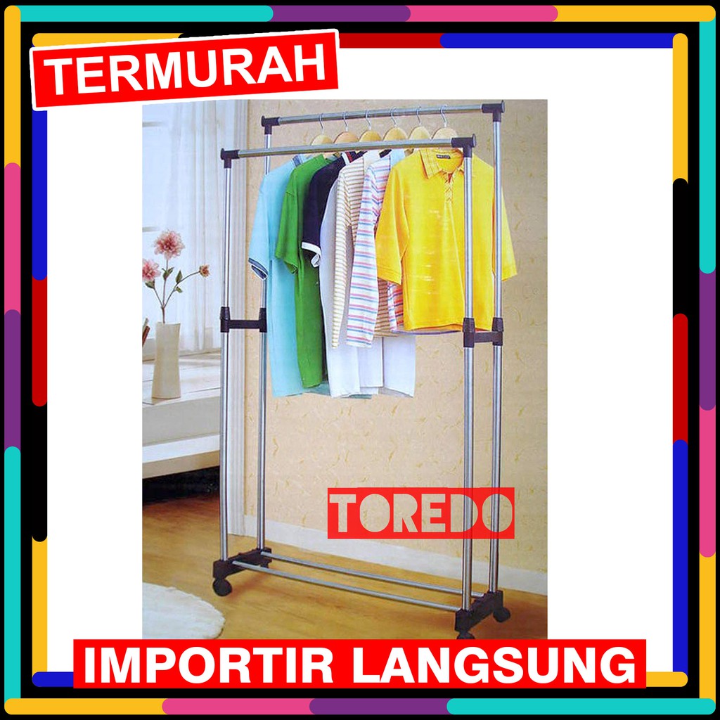 STAND HANGER DOUBLE POLE MURAH Rak jemuran dgn roda tanpa rak tambahan