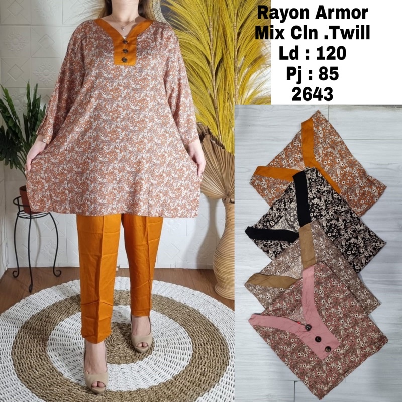 Setelan Oversize Long Tunik Rayon Twill Motif Bunga Kancing Aplikasi // One Set Jumbo Rayon Twill Bu
