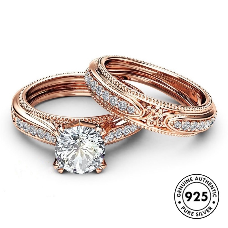 Set Cincin Berlian Bahan S925 Silver Warna Rose Gold Gaya Retro