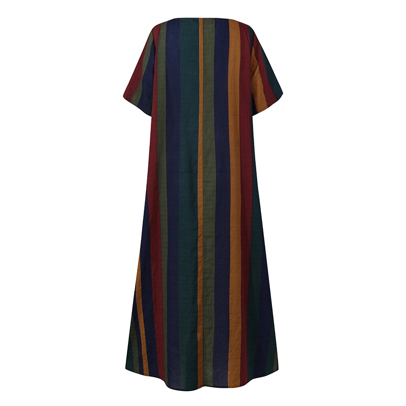 ZANZEA Women Short Sleeve Striped Vintage Flare Swing Maxi Dress