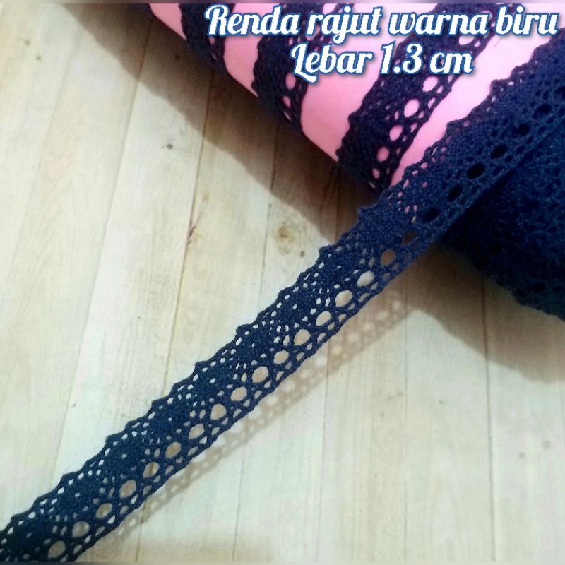 per rol 15 yard,renda rajut warna biru tua lebar 1.3 cm