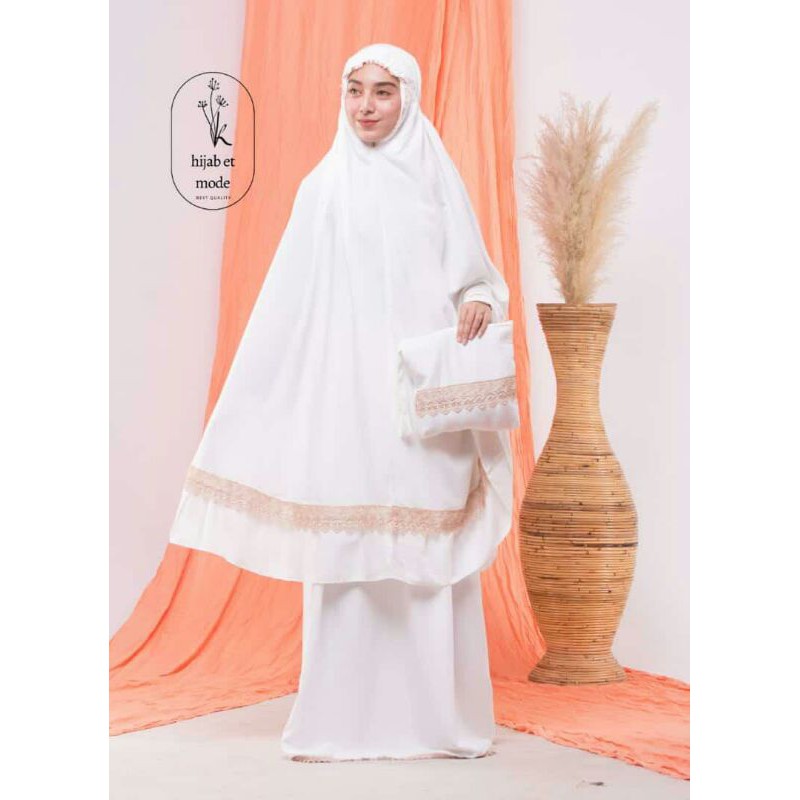 Mukena Renda Cantik White Cream Ramadhan Sale Lebaran Size Dewasa Warna Putih AlHajj Alghani Algani