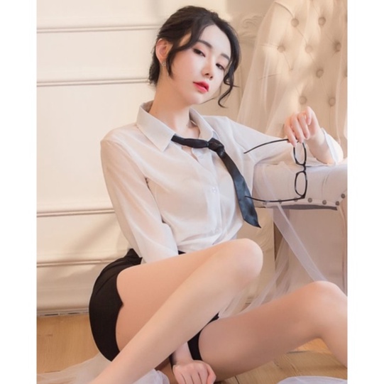 Ɛѵҽ Lingerie Seksi Sekretaris Wanita Cosplay Seragam Guru Lengan Panjang Dasi Rok Mini Seksi 1191