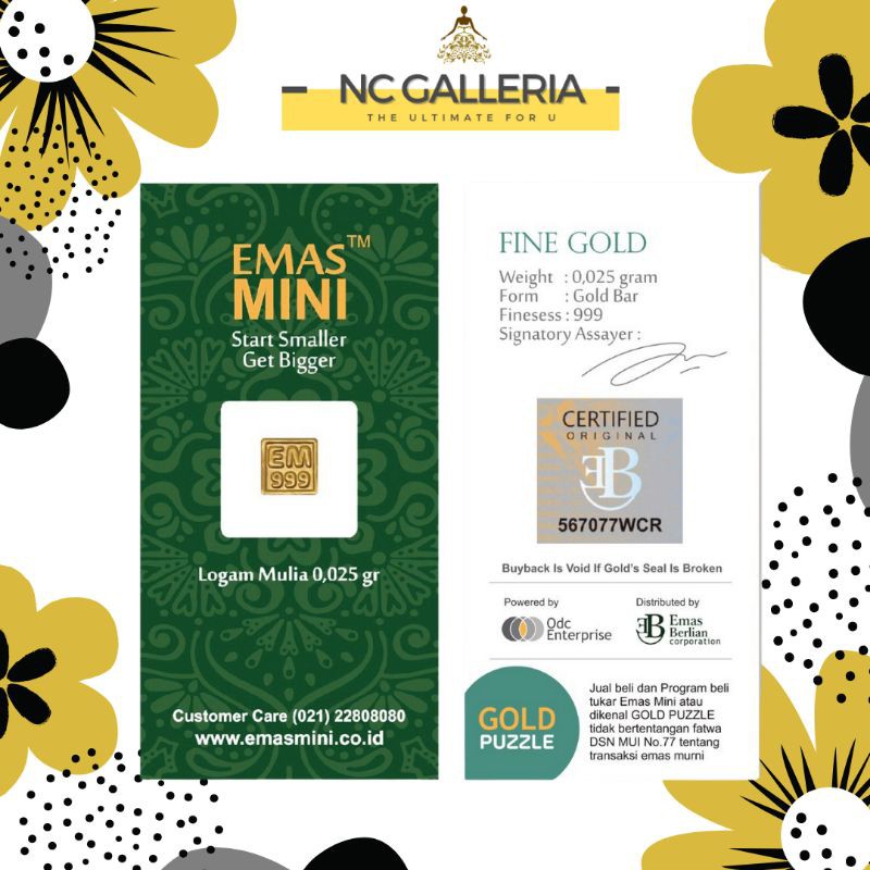 emas mini 0.025 gram logam mulia 24 k+free dompet emas spundbon