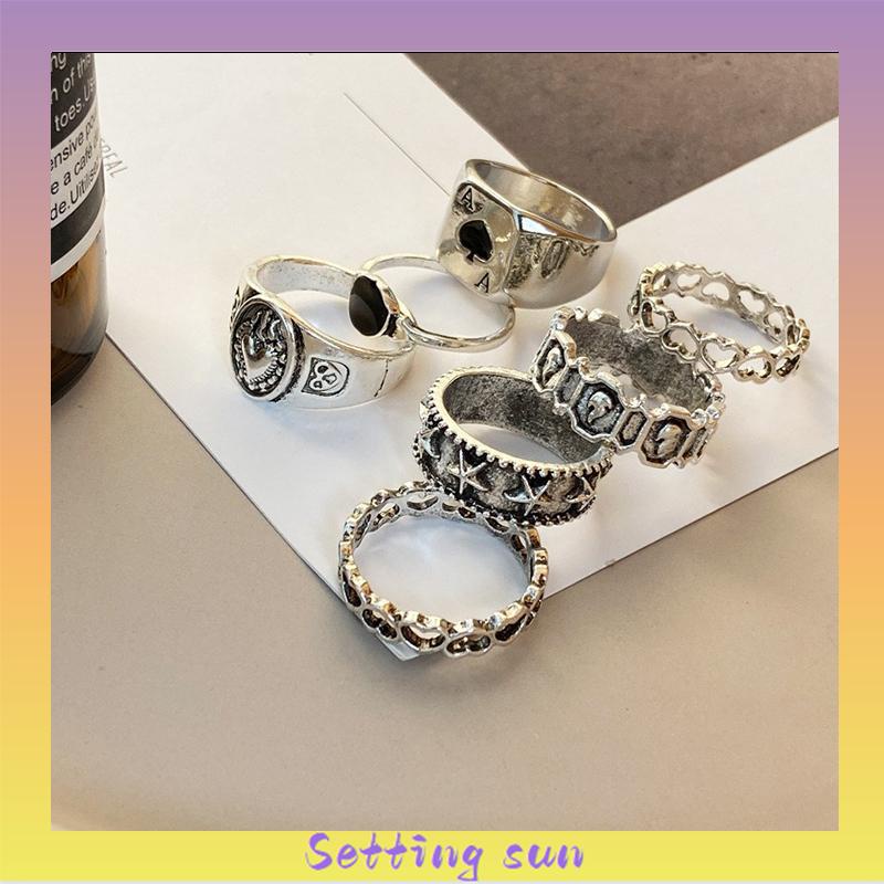 COD✨7 Pcs Cincin Jari Bentuk Hati Tidak Teratur Warna-Warni Gaya Punk Retro Untuk Pria TN