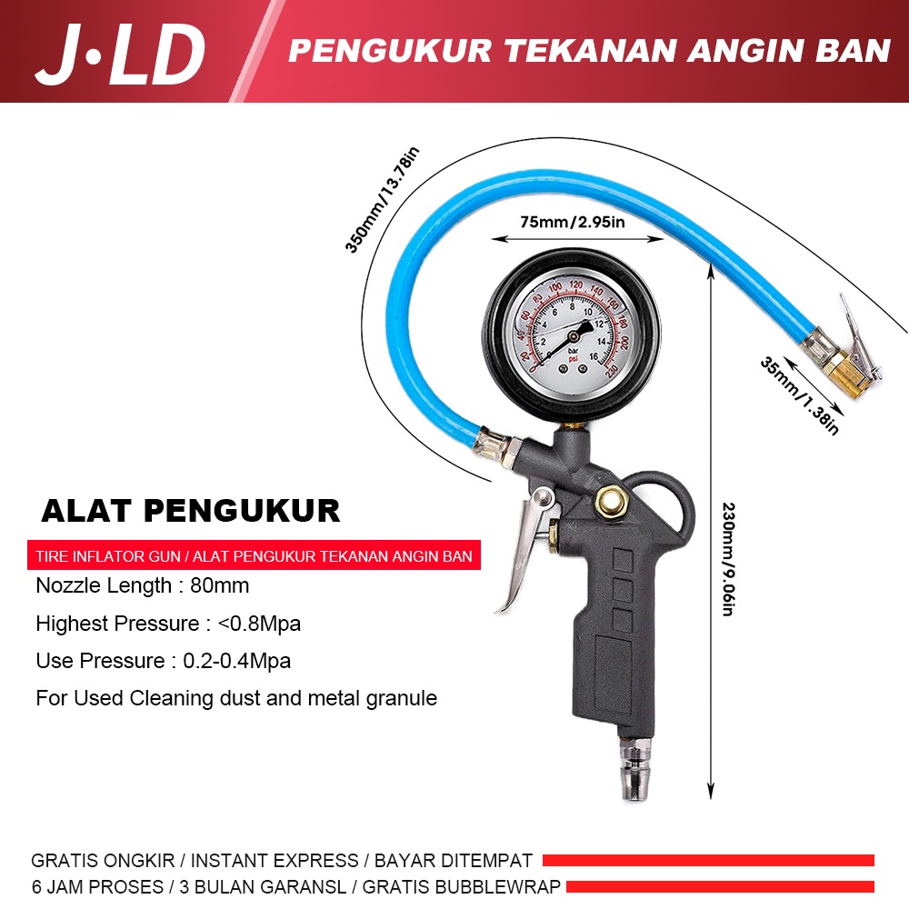 JLD Alat Pengukur Tekanan Ban - Pengukur Tekanan Angin BanTG3-2 Tire Preassure Gauge Inflator 3 in 1