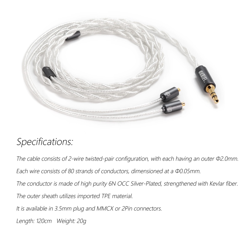 DD ddHiFi BC120A (Clouds) Air Series Replacement Earphone Cable with High Purity 6N OCC, Available in 3.5mm and MMCX / 2pin 0.78