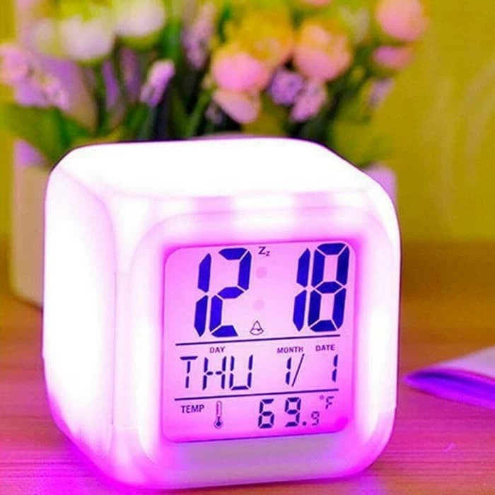 Jam Alarm Moody Kotak Jam LED Meja Digital Lampu Led Jam Kubus 7 Warna