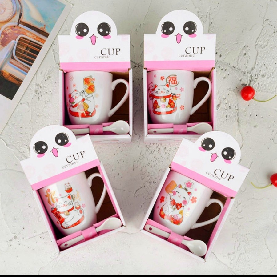 Mug Keramik Maneki Neko Murah Gelas Gift Set Murah Kado Souvenir Imlek