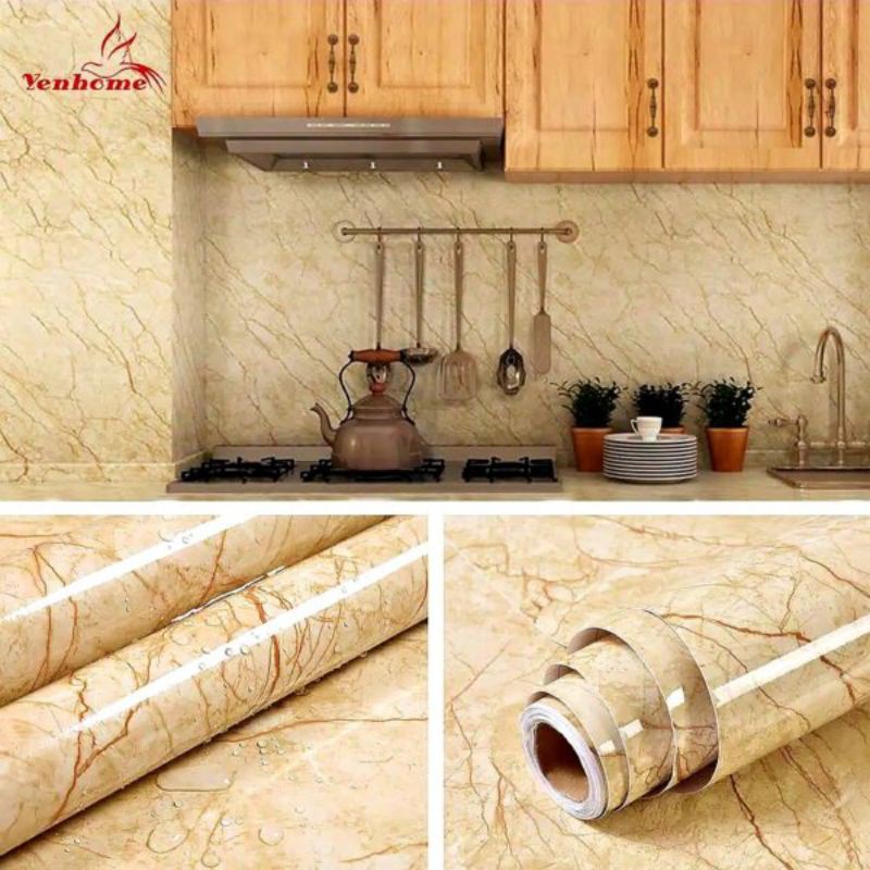 wallpaper sticker kitchen set glossy motif marmer cream polos