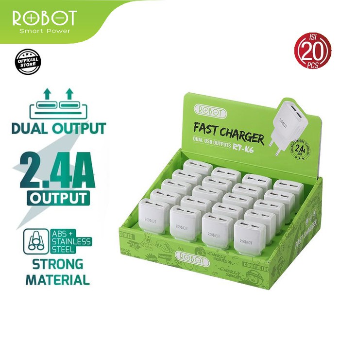 ROBOT Adaptor Charger RT-K6 2.4A Dual Output Fast Charging Batok Charger Garansi Original (Per 1Pcs)