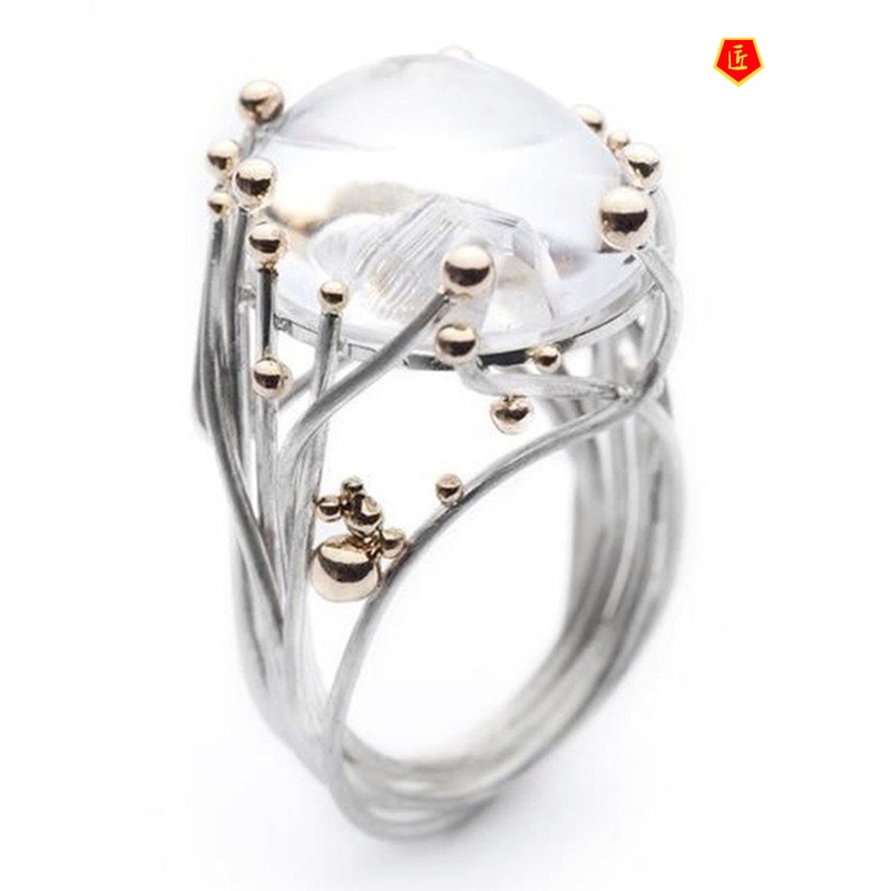 [Ready Stock]Fashion Personality Inlaid Moonstone Silver Ring Women