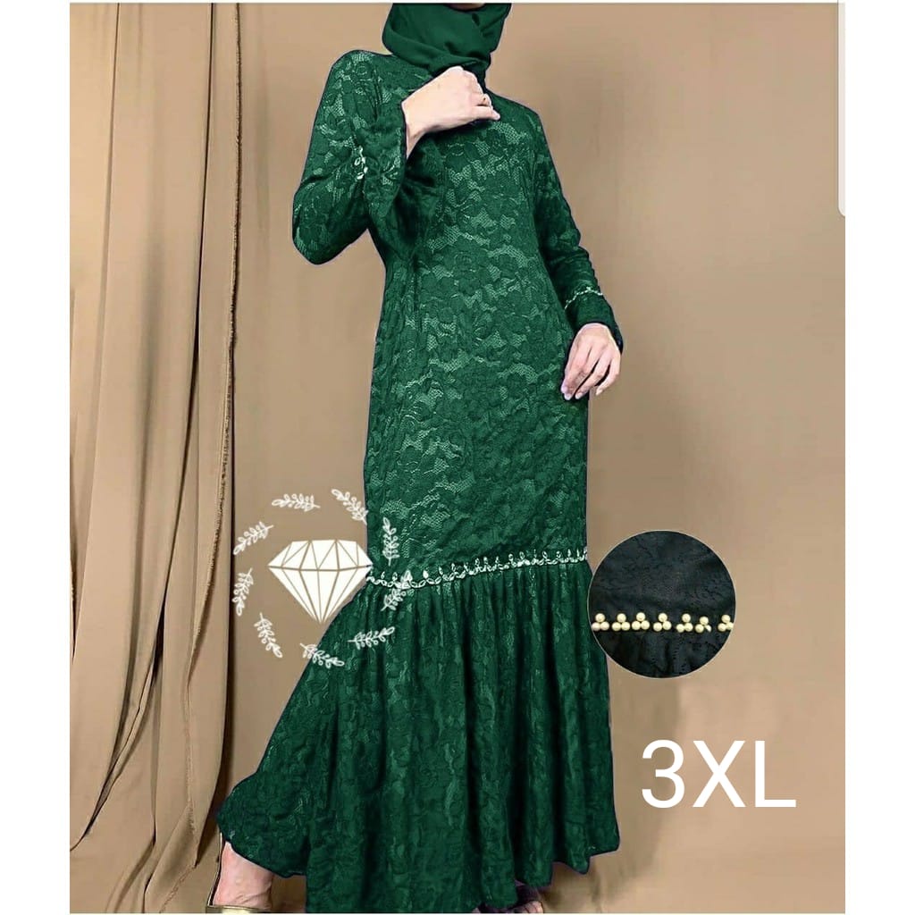 PCS MAXY NURHALIZA DUYUNG MUTIARA BRUKAT FASHION PAKAIAN WANITA DRESS GAMIS MAXI 5 UKURAN M L XL XXL 3XL MS ADA VIDEO REVIEW ASLI PRODUK-Hijau 3XL