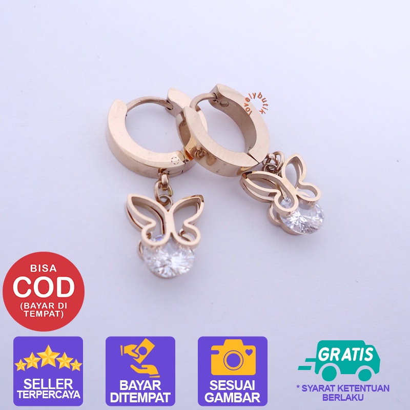 Lovelybutik - Anting Titanium Anti Karat / Permata Kupu Anting Titanium Wanita Motif Kupu Kupu Ukuran 1,4 cm Warna [Rosegold] BONUS KOTAK PERHIASAN