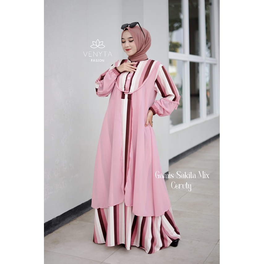 Gamis outer 2IN1 SAKILA SET OUTHER CERUTY LALA LYLA GAMIS TRENDY WANITA MASA KINI ORIGINAL VENYTA MOTIF SALUR shanglow shan glow pisah rompi cardigan