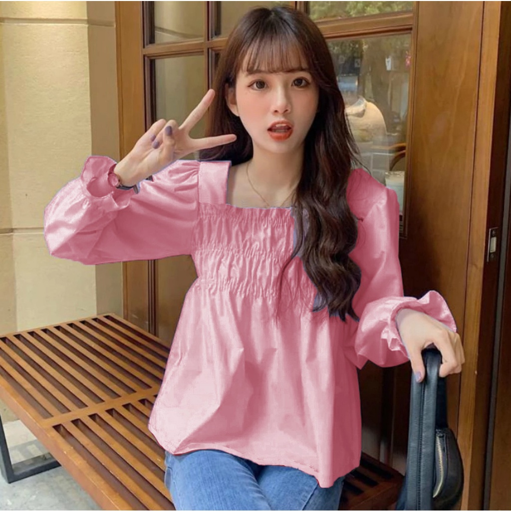 Atasan Wanita Kerut Dada Lengan Panjang / Blouse Peplum Bahan Adem 844