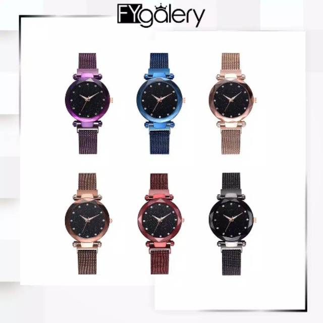 JAM TANGAN RANTAI MAGNET PLAT DIAMOND GLITER FASHION WANITA MURAH BATAM IMPORT