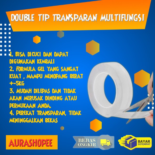 

Double Tape Transparan Selotip 2 Sisi Kuat Washable Removable panjang 1 meter