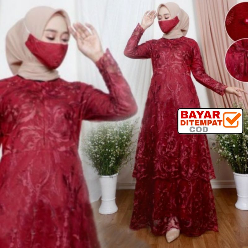 Gamis Brukat Tile Humaira L XL XXL/ Maxi Wanita /Maxi Terbaru / Maxi Muslim / Maxi Dress /-Marun