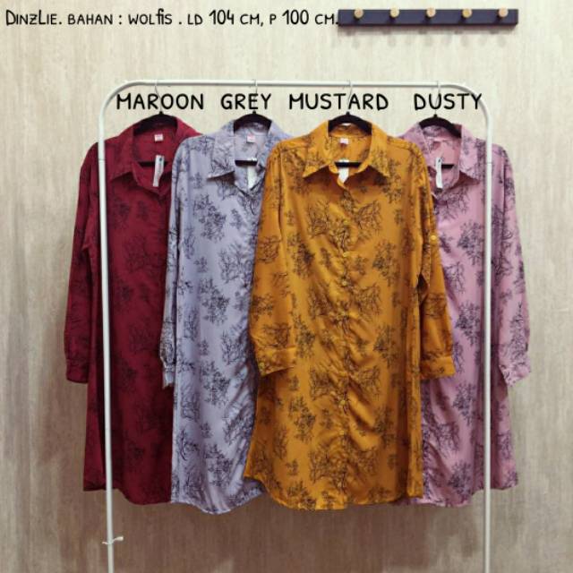 Kemeja Panjang Tunik Wanita Motif Ranting Bahan Wolfis