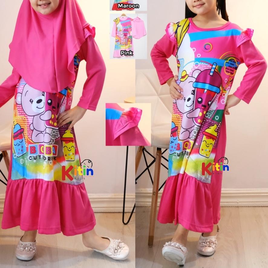 OP - GAMIS ANAK PRINTING SET HIJAB 2-10 TAHUN/ BAJU NGAJI ANAK PEREMPUAN MUSLIM MOTIF BT21 BTS BOBA 