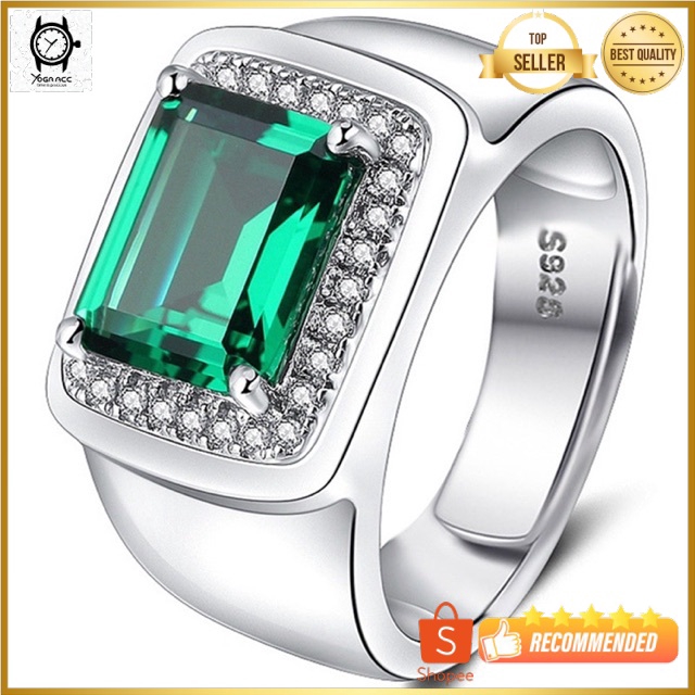 Cincin Perak Pria Sterling Silver 925 Batu Green Zamrud Emerald Cubic Zirconia Ukuran Resize