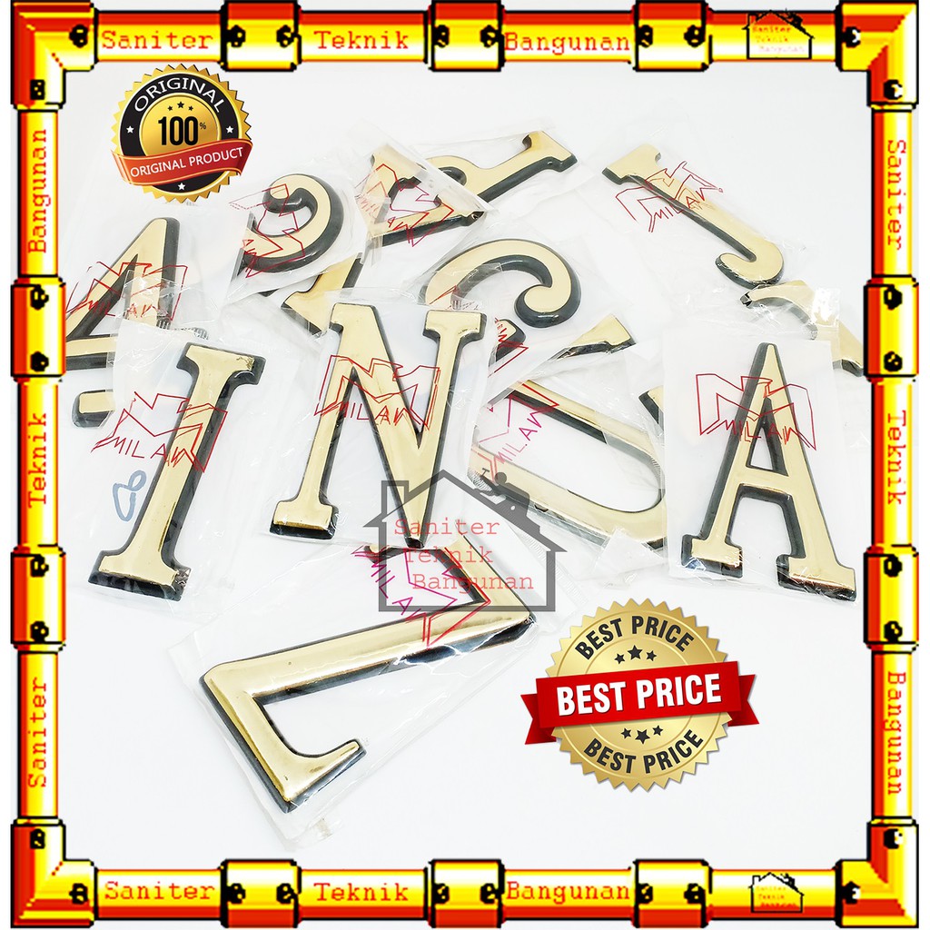 EMBLEM ANGKA HURUF STICKER MILAN EMAS TEMPEL PINTU KAMAR RUMAH TEMBOK