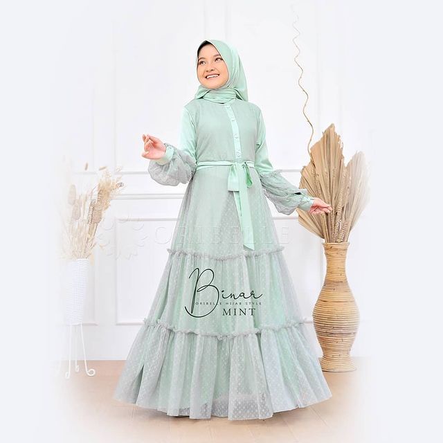 Binar Syari Kids Bahan Manggo Crepe Mix Tille Gamis Syar`i Anak Set Hijab Umur 10-12 Tahun Model Kor