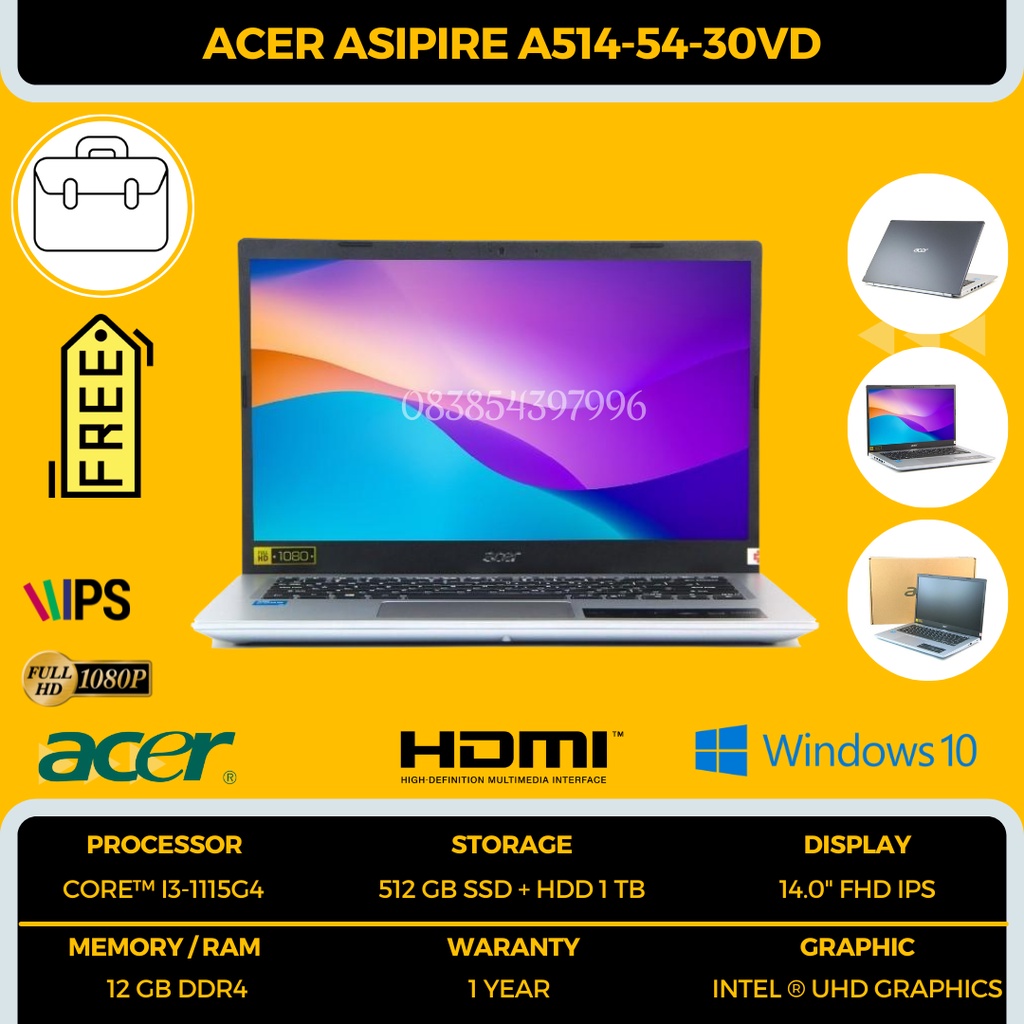 LAPTOP ACER DUAL STORAGE SSD 512GB + HDD 1TB / CORE I3 GEN 11 / RAM 12GB / INTEL UHD GRAPHICS / 14&quot; FHD IPS / CHARCOAL BLACK / BONUS TAS + INSTALL WINDOWS 10 SIAP PAKAI / ACER ASPIRE A514-54-30VD - TEKNO KITA