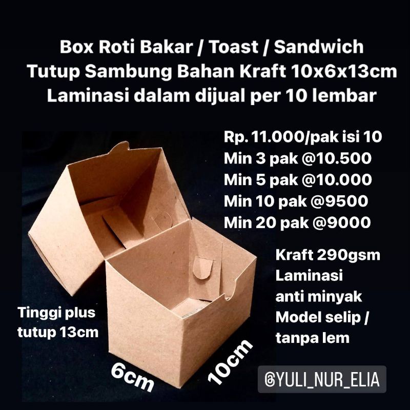 

Box Roti Bakar / Toast / Sandwich Tutup Sambung Bahan Kraft 10x6x13cm Laminasi dalam dijual per 10 lembar