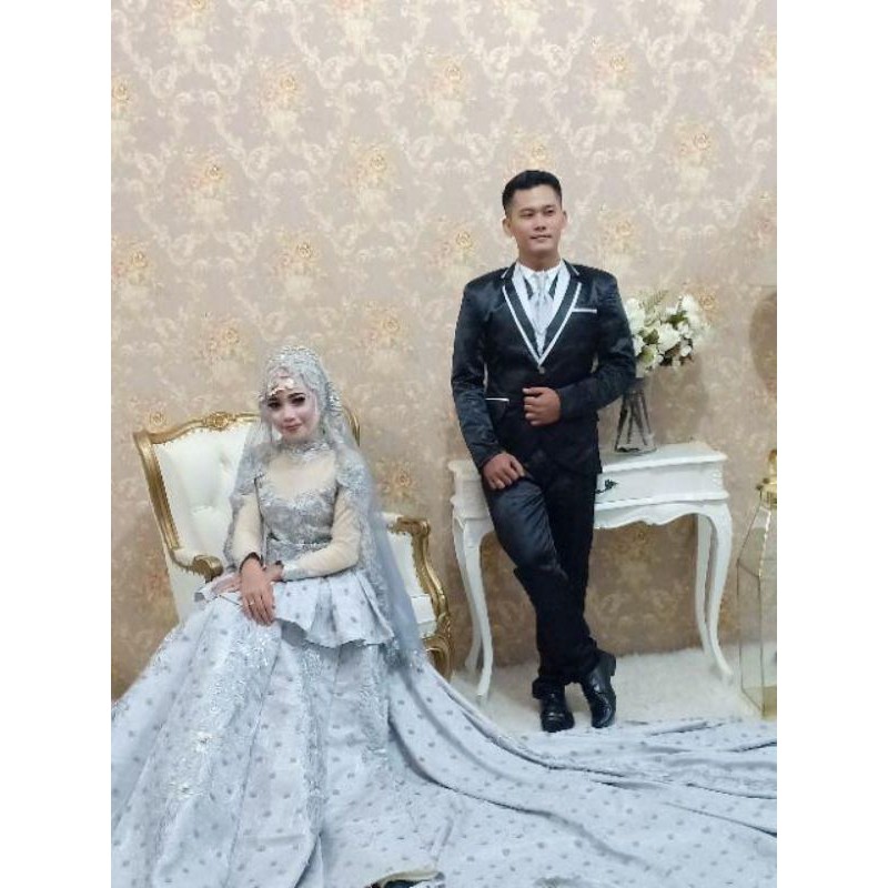 jas pengantin pria resmi murah preloved hitam silver bekas second satu set