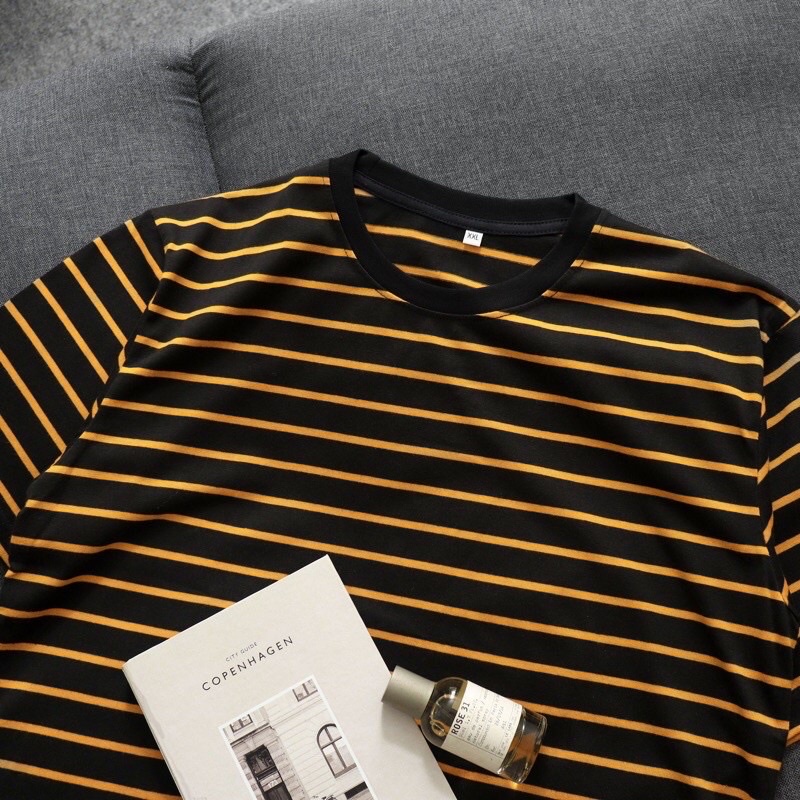 dominan stripe navy kuning dongker kuning kaos oversize cewek cowok cewe cowo lengan pendek pria wan