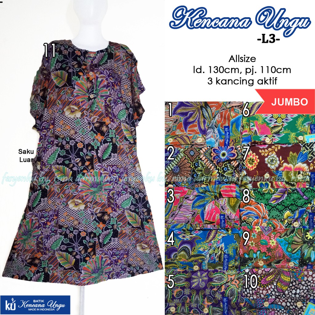 L3 DASTER BATIK KENCANA UNGU ASLI LABEL BIRU 3 KANCING