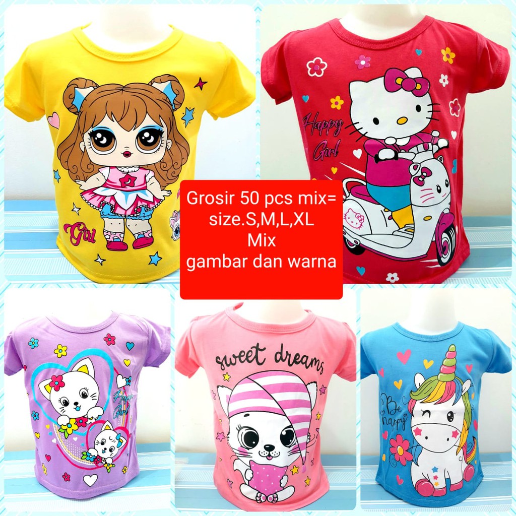 ( Grosir ) 6 bulan-4 thun MIX kaos anak perempuan (50 pcs =1 klik S,M,L,XL) pakaian baju atasan cewek size random gambar campur pakaian