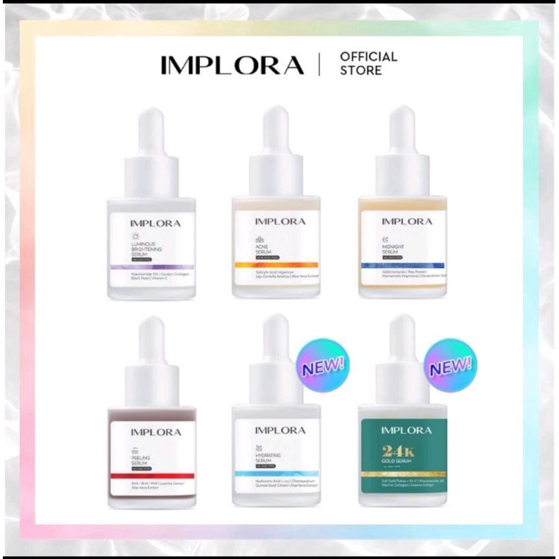 NEW IMPLORA SERUM WAJAH ALL VARIANT ACNE AHA BHA PEELING MIDNIGHT LUMINOUS BRIGHTENING SERUM 20gr